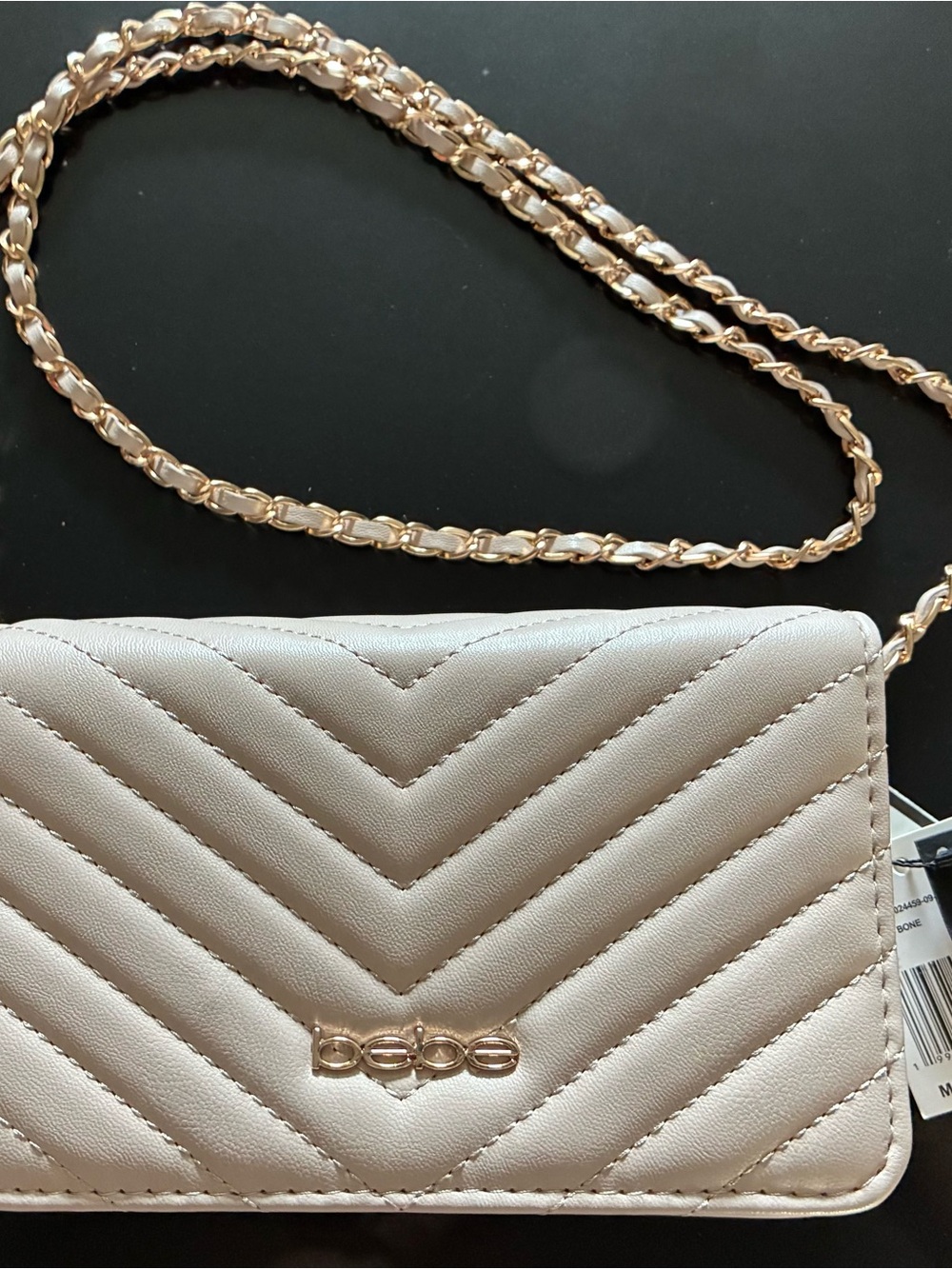 bebe Quilted Chevron Crossbody Bag in Blush with Gold Chain